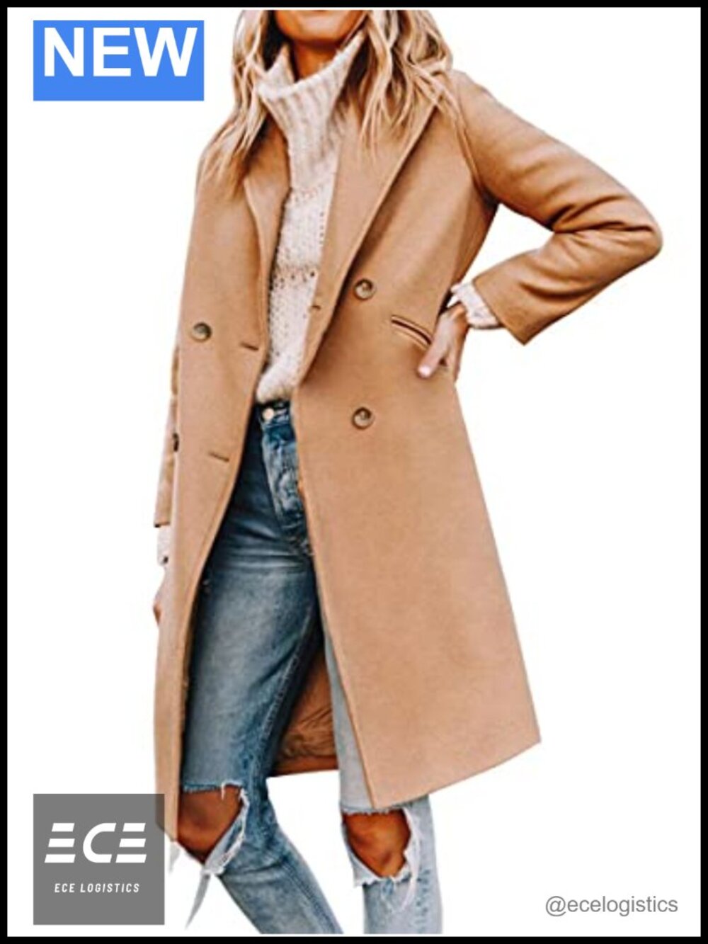 Women's Notched Lapel Double Breasted Pea Coat Mid Long Wool Blend Coat